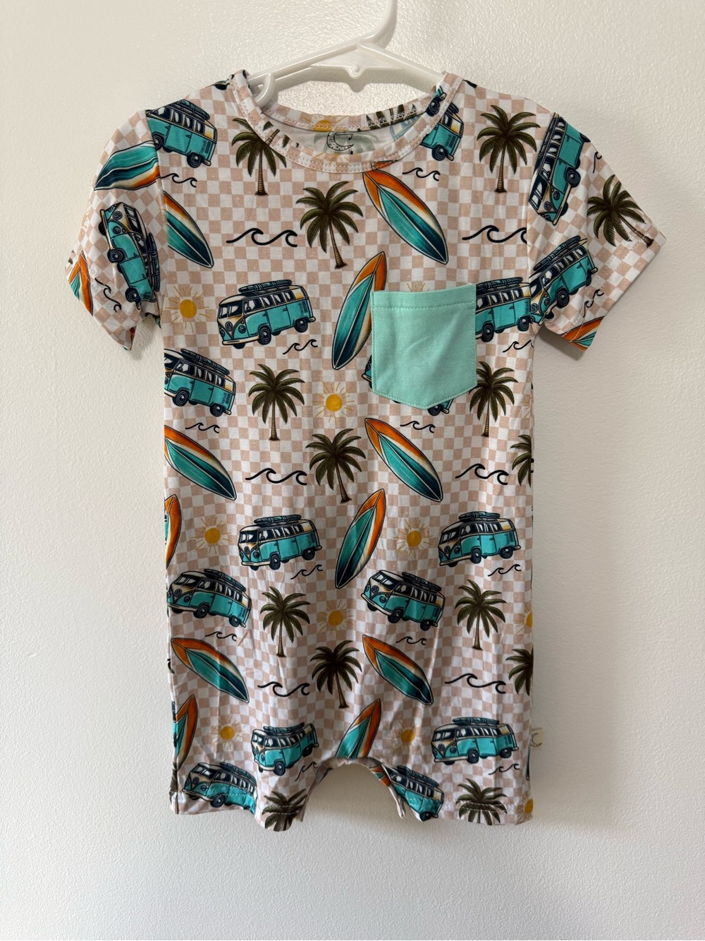 Gigi’s Closet Bamboo Surf Van Short Sleeve Romper - Teal & Orange